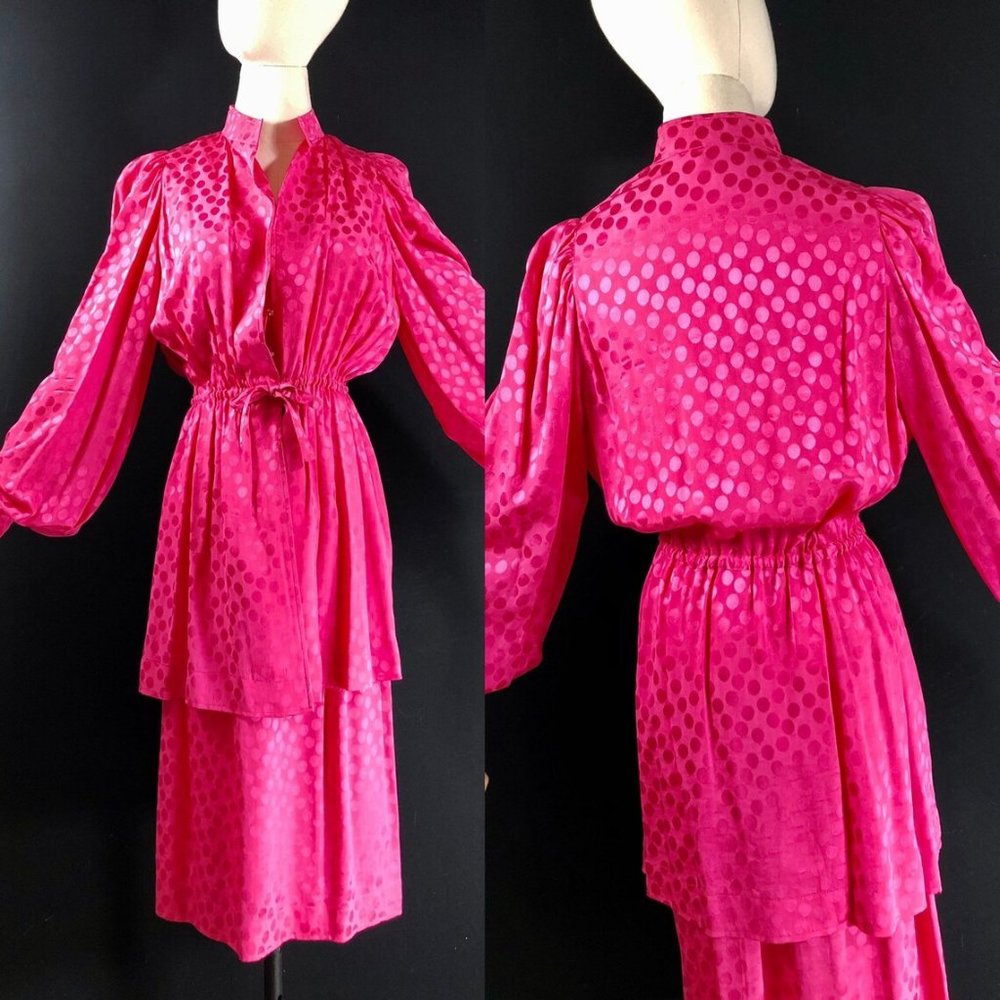 silk 2pc dress jacket blouson / puffy sleeves slip
